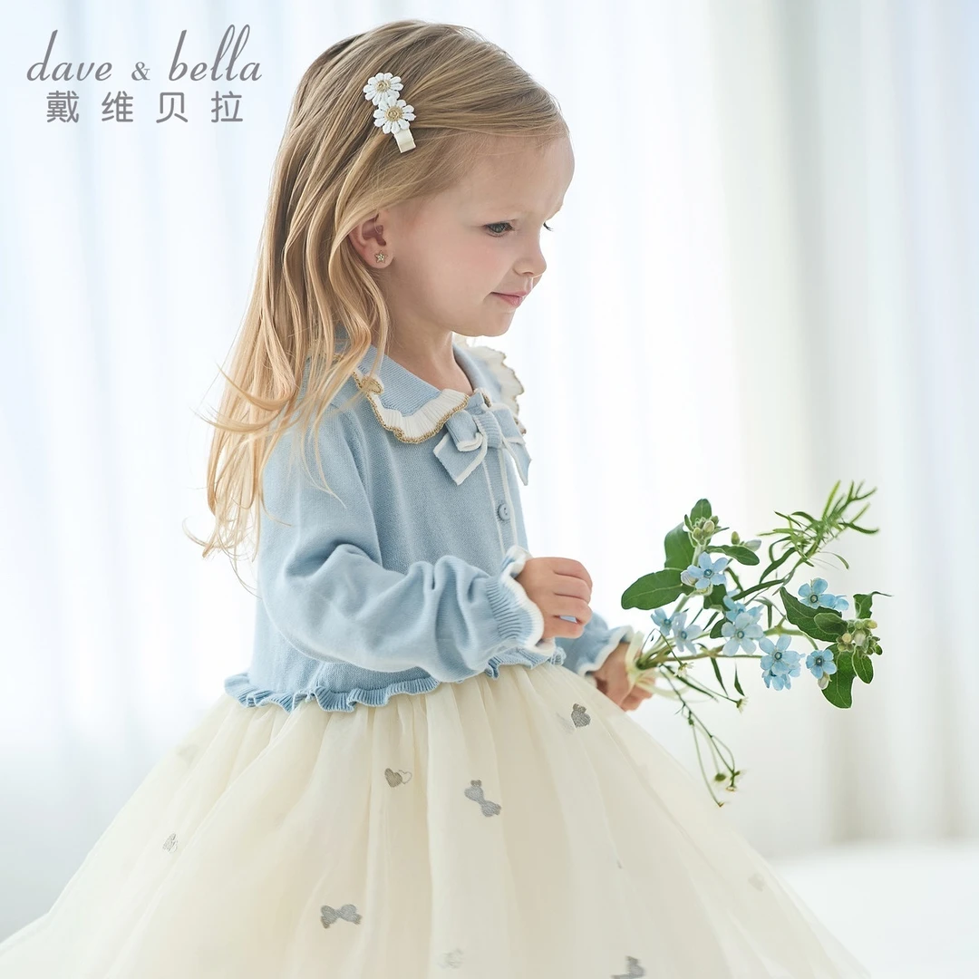 戴维贝拉儿童毛衣连衣裙女童春装裙子女宝宝网纱公主裙DB1250601
