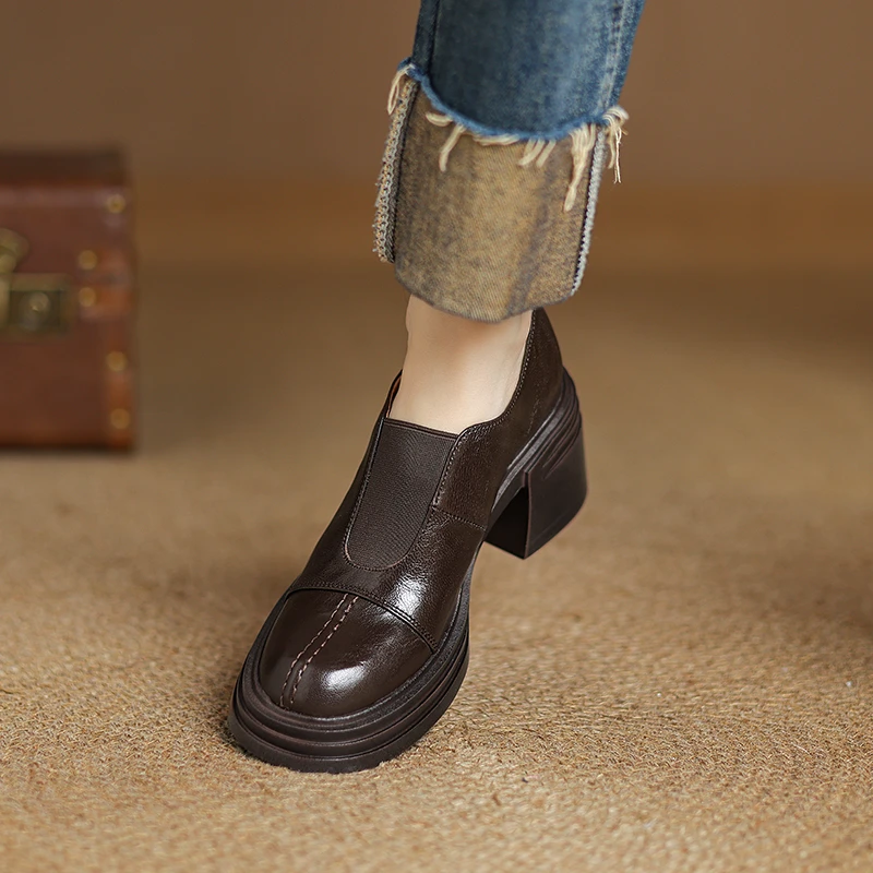 菓苒6.5cm粗跟乐福鞋休闲春秋真皮女鞋厚底英伦风软底复古单鞋40