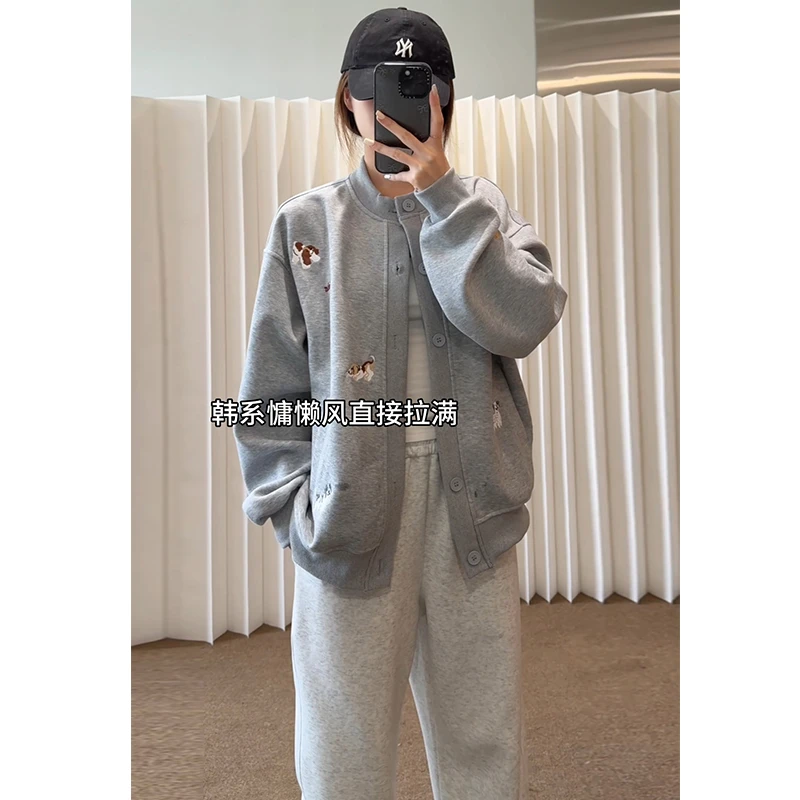 美式开衫外套卫衣男420g针织小狗刺绣秋季宽松外套无性别穿搭情侣