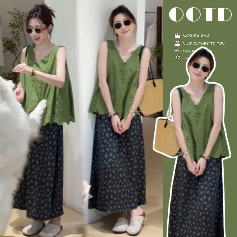 孕妇大码夏季新款韩系休闲百搭时尚宽松气质款两件套碎花显瘦网红