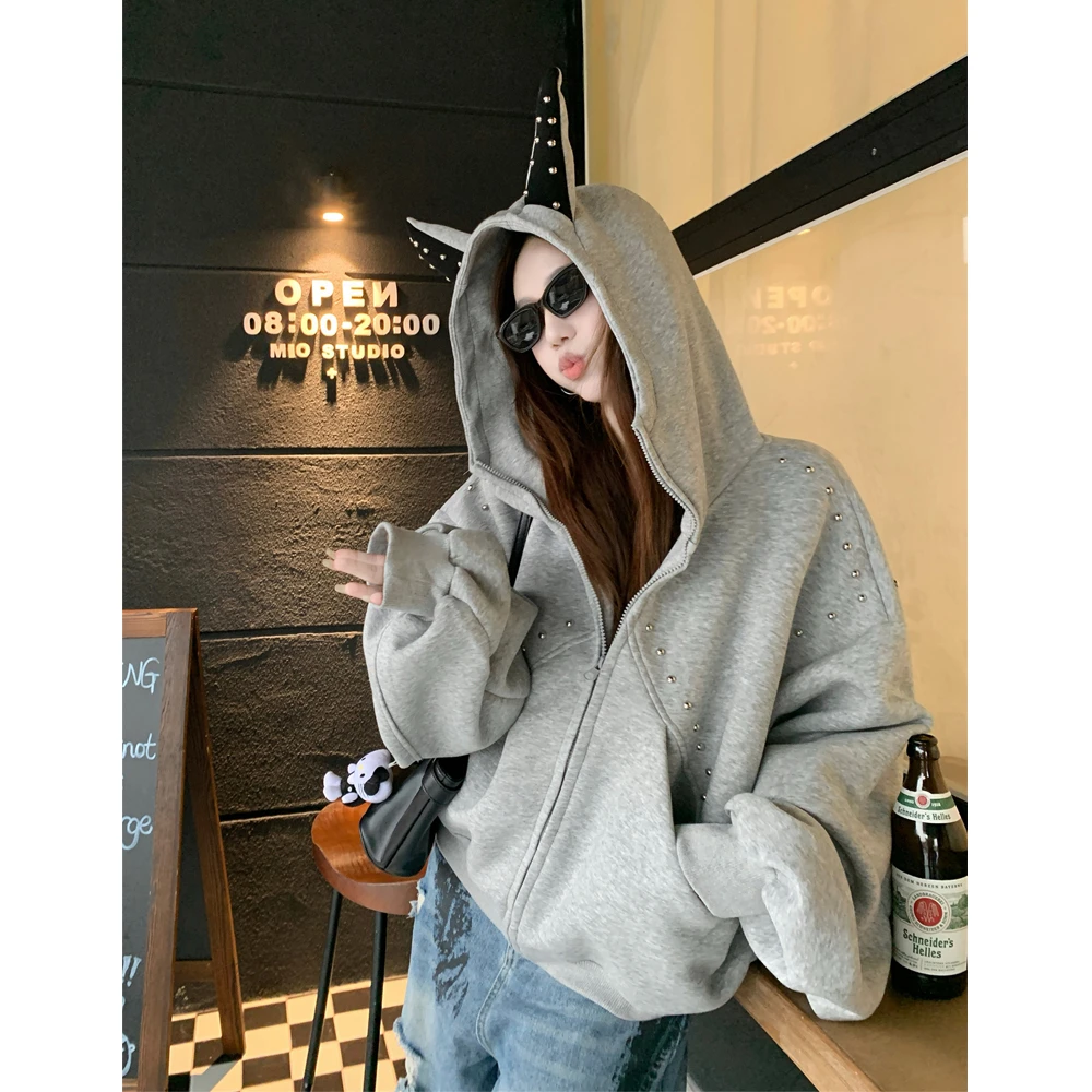 美式设计感犬耳朵连帽宽松铆钉卫衣外套女休闲韩版拉链长袖开衫