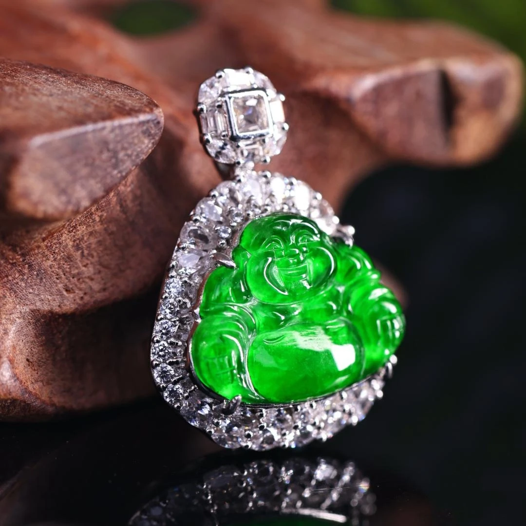 高定设计款天然A货翡翠冰种满绿佛公吊坠简约百搭款 KBR50905002