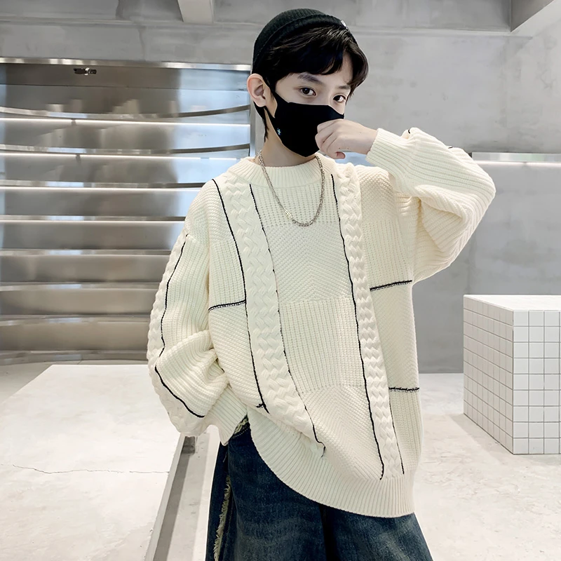 2023秋冬新款男童中大童纯色波浪毛衣少年感麻花纹圆领保暖毛衣