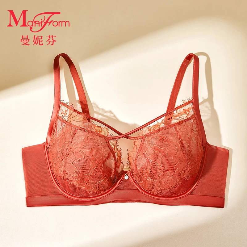 「曼妮芬 · 大胸显小」红色内衣性感单层围软钢圈文胸薄款