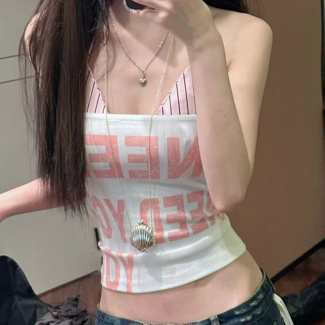 时尚套装辣妹性感欧美简约通勤印花纯欲裹胸吊带背心短款外穿