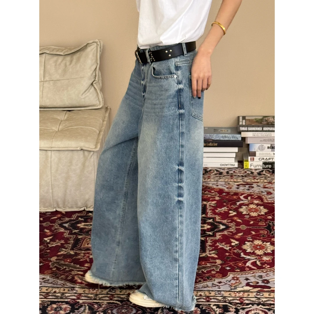 【宇苗huym】蓝色显瘦休闲百搭水洗设计感牛仔裤