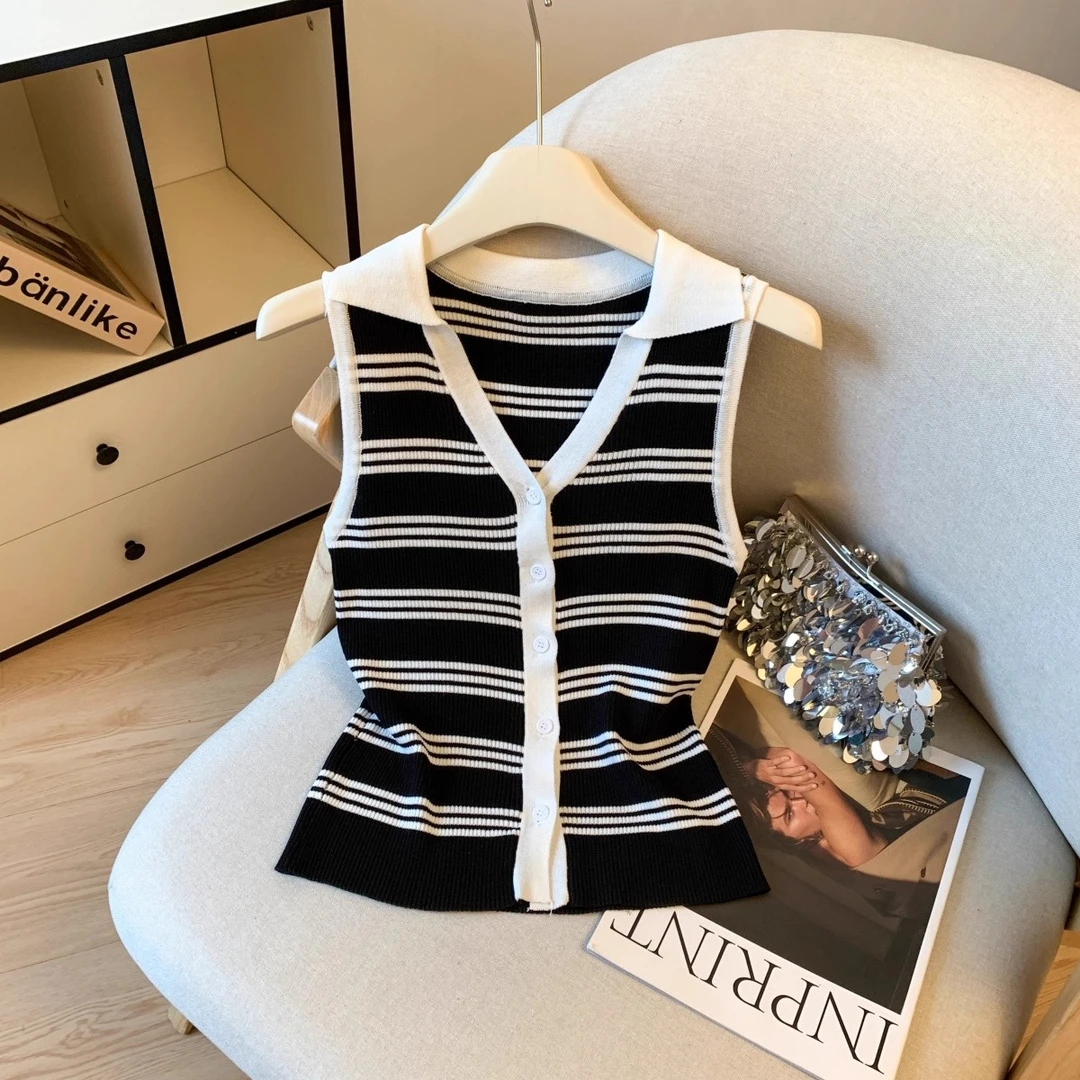 欧货时尚polo撞色V领设计感无袖针织背心女2025夏季气质百搭上衣