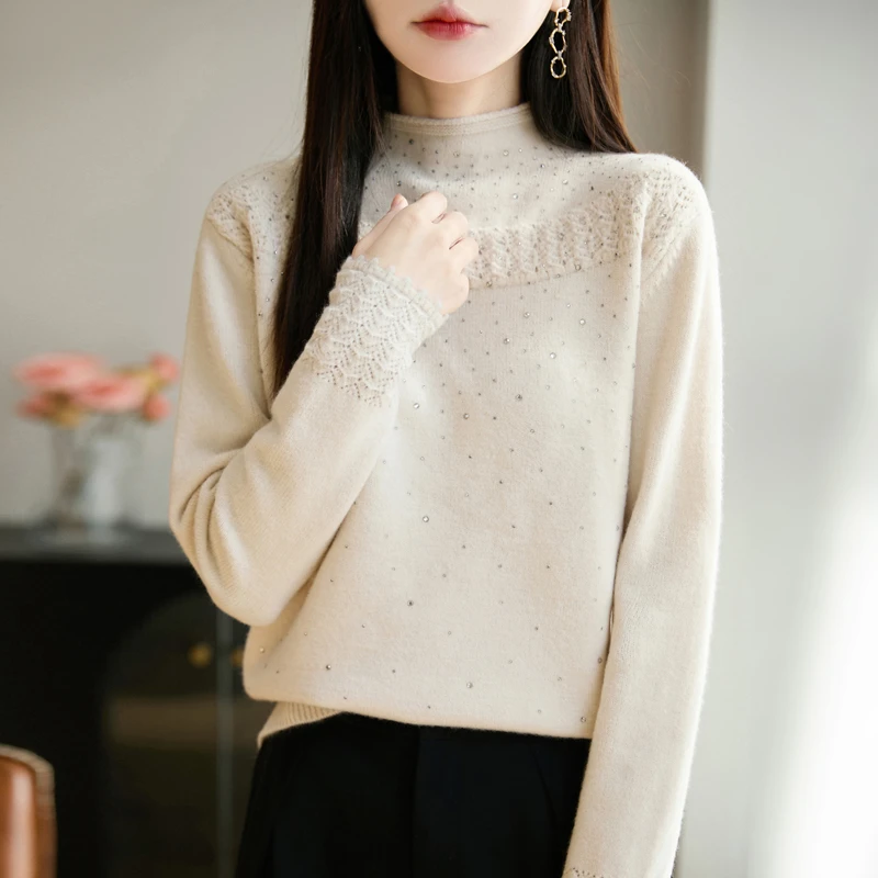 「温柔高级」秋冬新款半高领闪钻打底衫蕾丝拼接软糯亲肤不扎肉