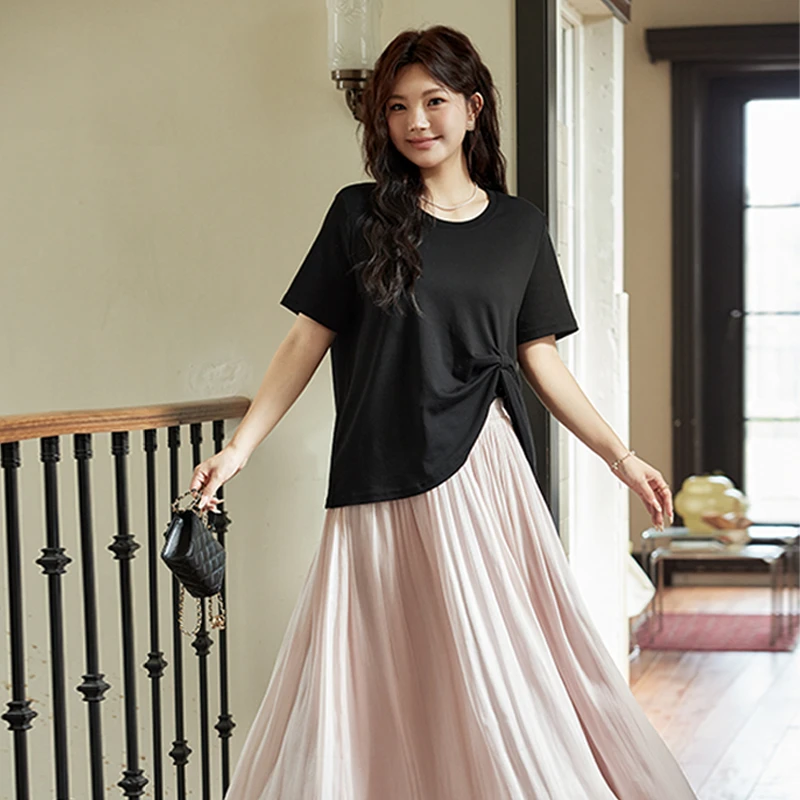 五季家大码女装【松弛甜心】夏季新款遮肉T恤上衣半身裙ZL105632