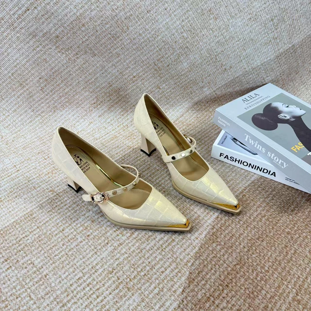 范戈希牛皮跟高7CM浅口气质欧若风时尚真皮春季尖头单鞋女买1赠3