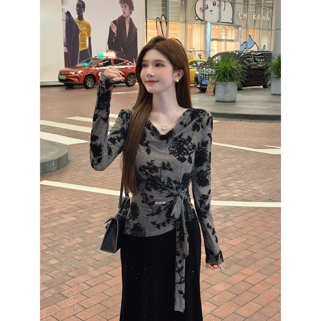 【晚山茶】轻薄精致荡领印花不规则开叉收腰绑带显瘦长袖上衣A473