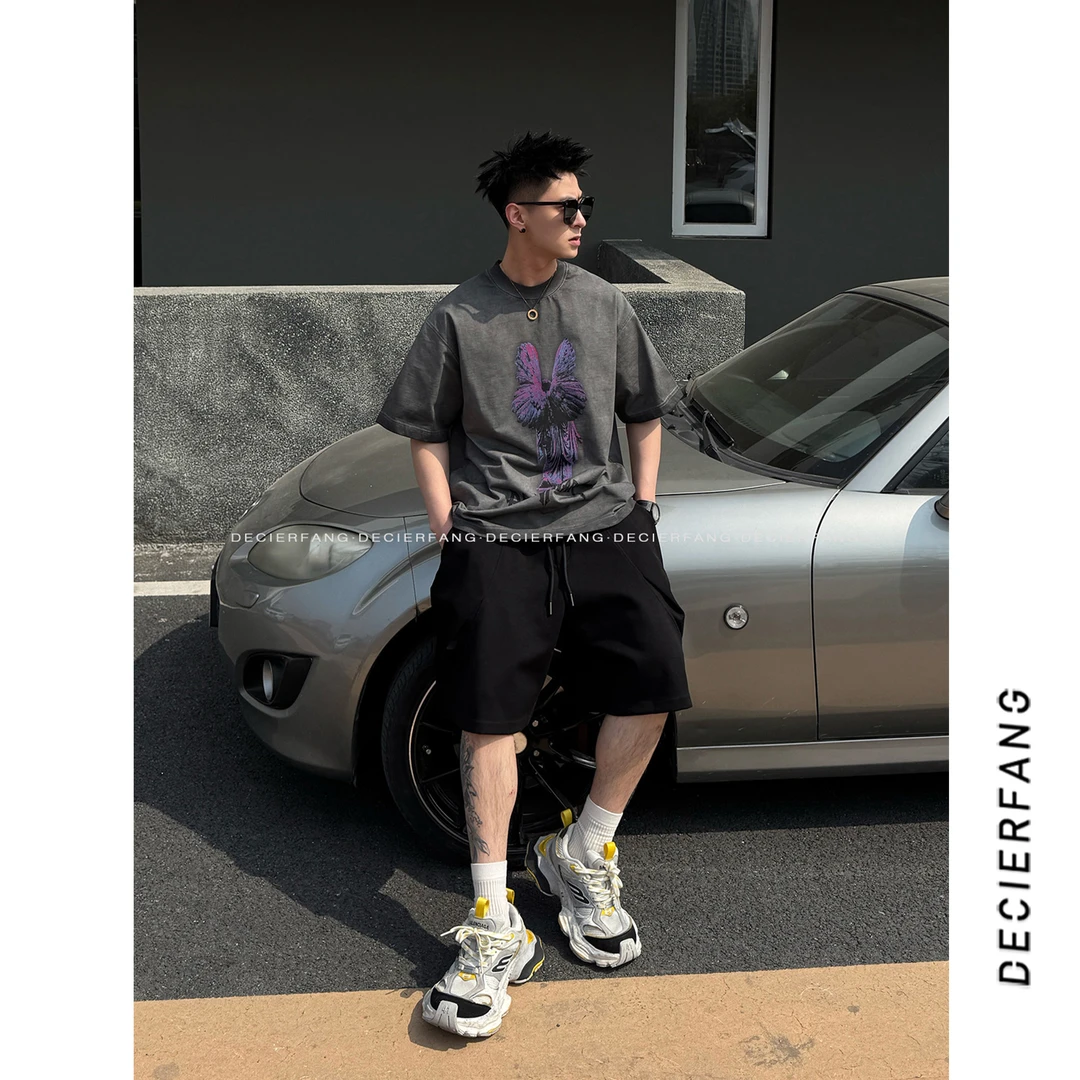 68032     25S/S夏季【水洗渐变 撞色图案】宽松美式短袖