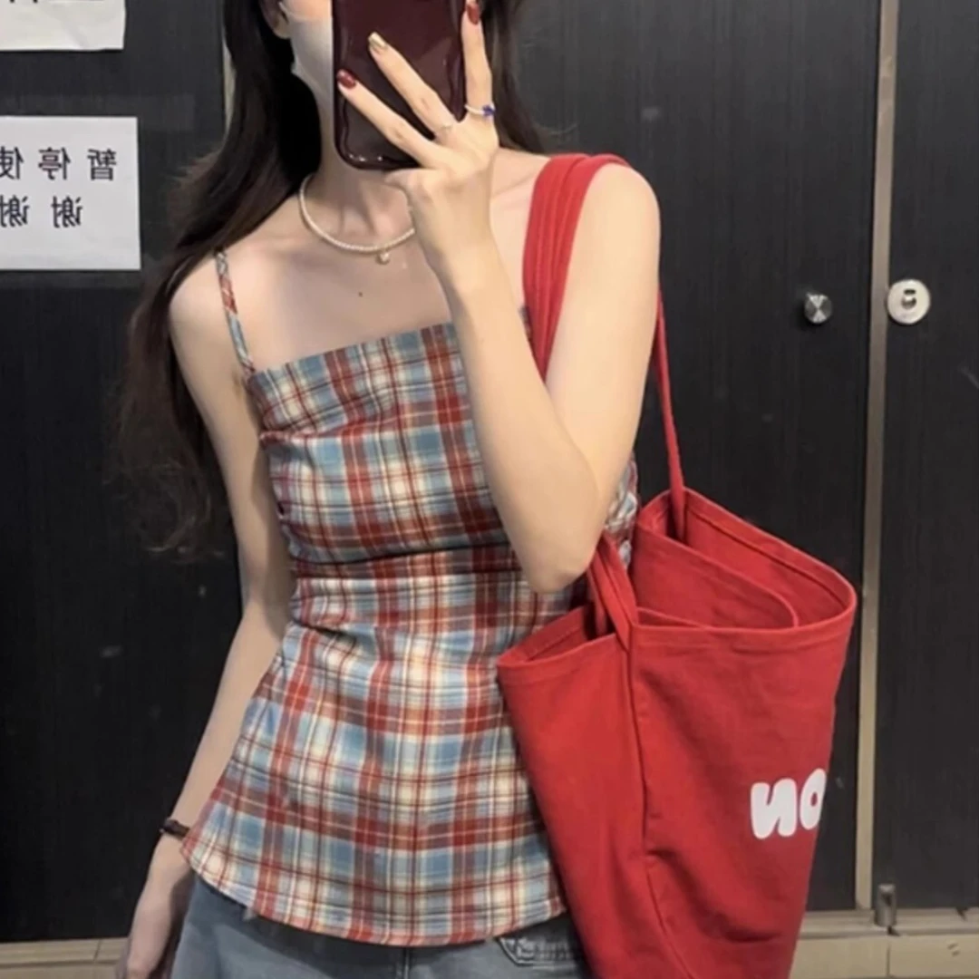 法式复古红色抹胸格子吊带背心女夏季外穿独特超好看收腰无袖上衣