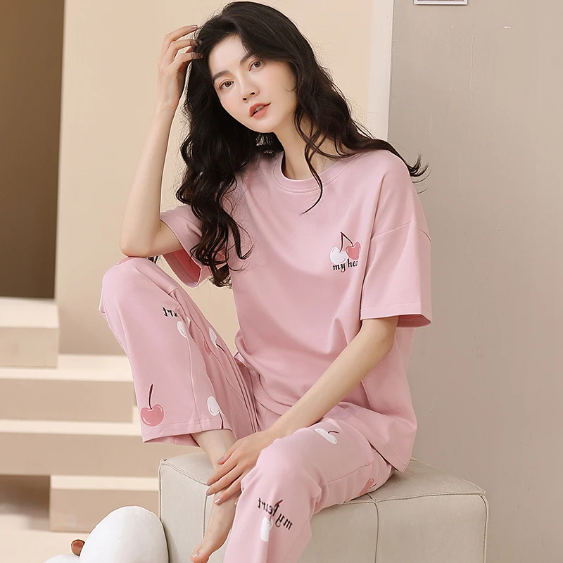 浪莎睡衣女夏款纯棉短袖长裤薄款卡通夏季可外穿全棉家居服套装