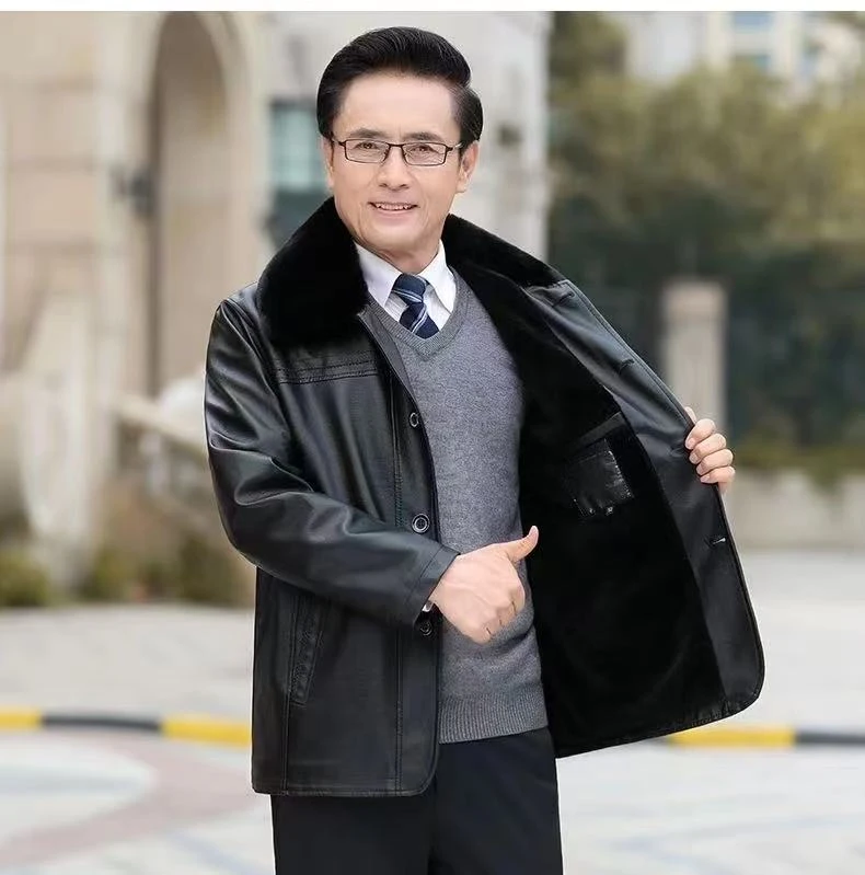 男士皮衣加绒加厚爸爸装纽扣皮衣