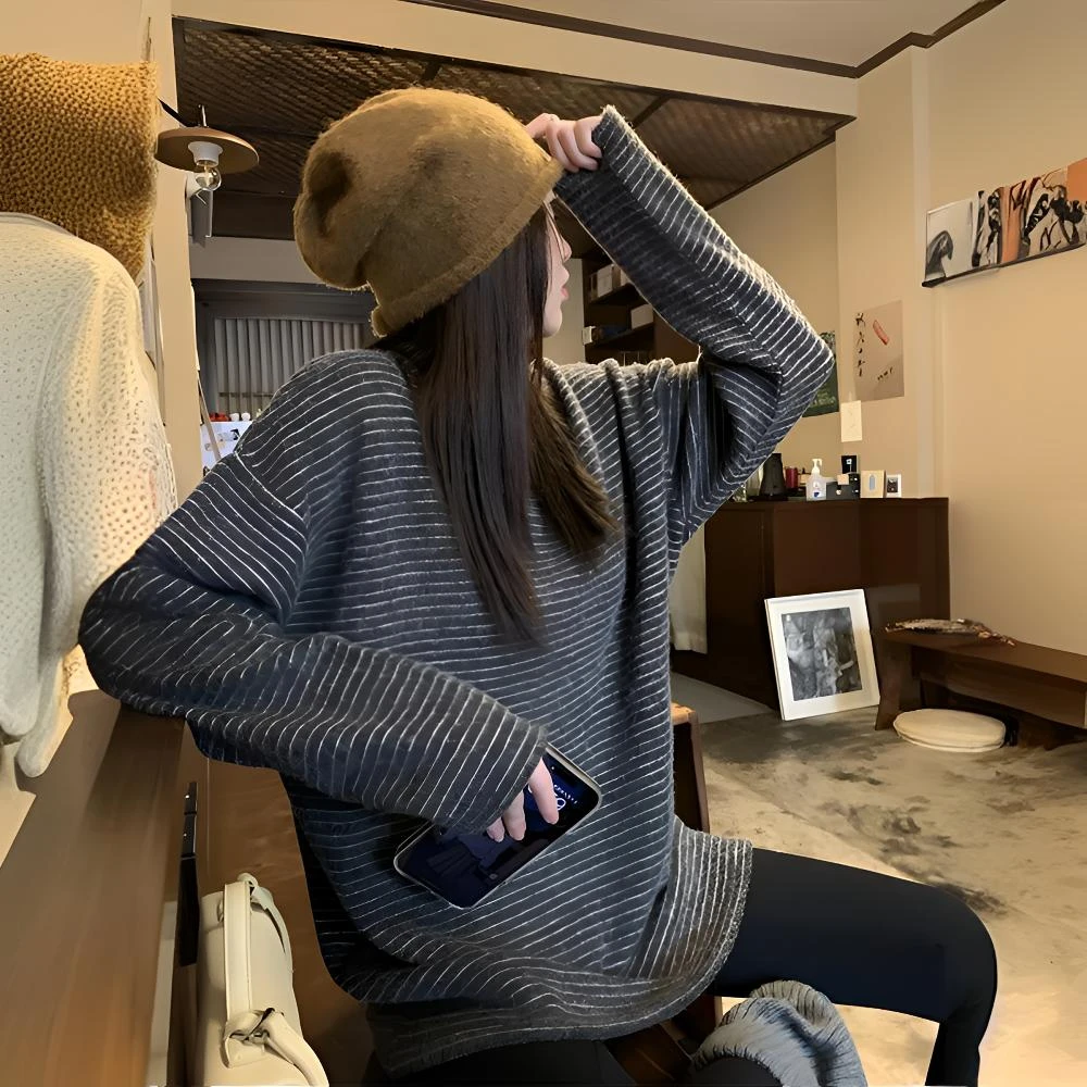 秋冬宽松海盐奥利奥2.0 慵懒风磨毛绒加厚条纹长袖T恤女打底上衣