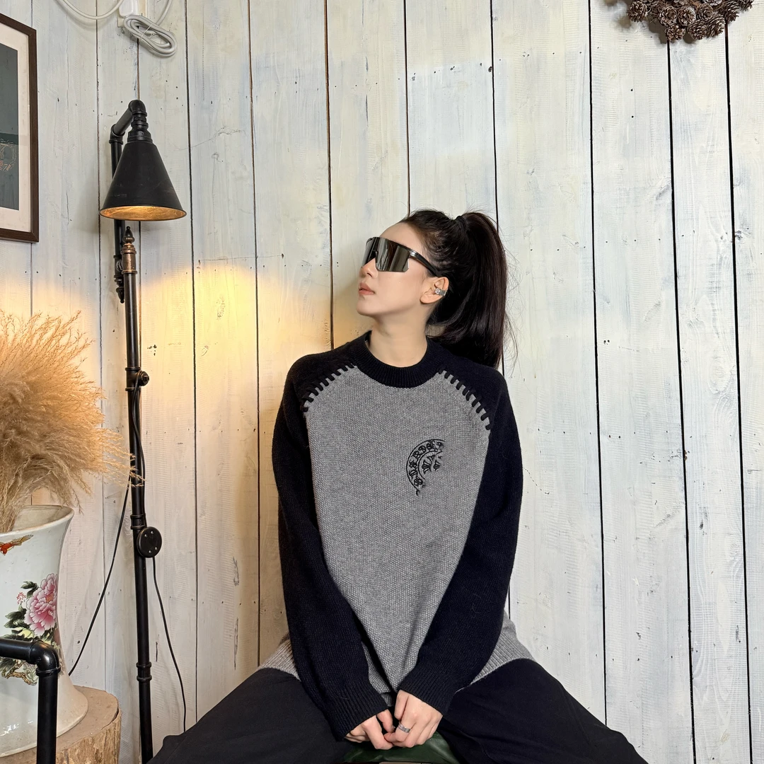 【包子专属】2025新款时尚百搭插肩刺绣圆领套头毛衣男女同款