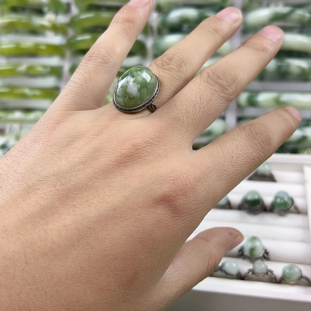 蛇纹石玉银S925镶嵌戒指