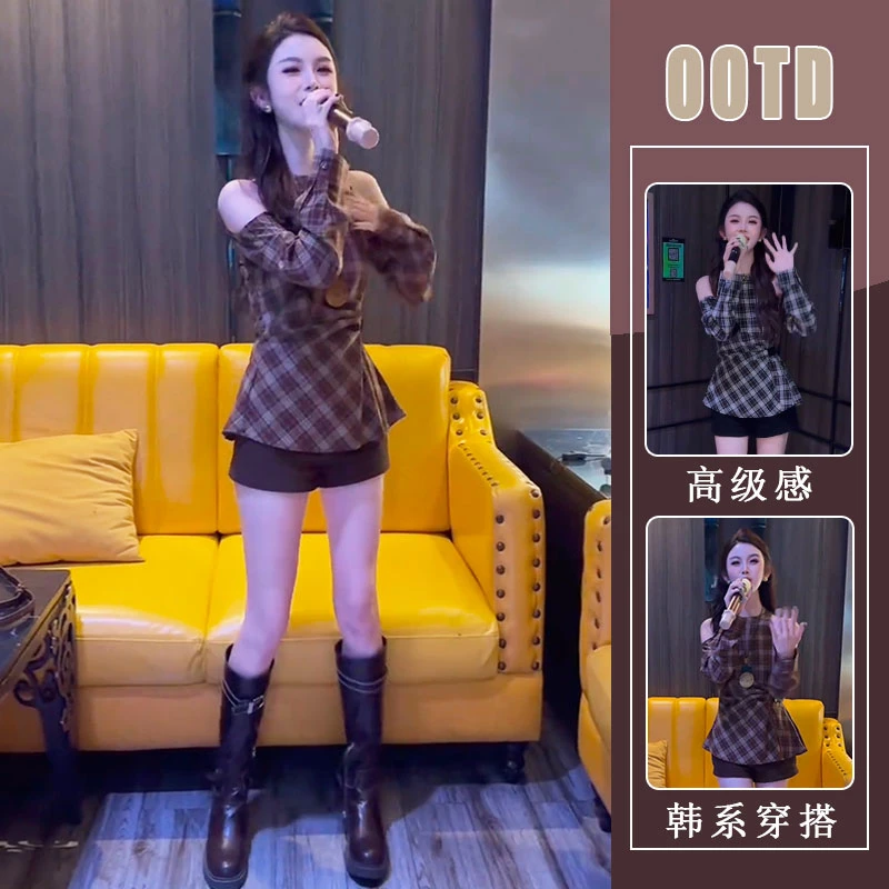 法式设计感露肩格纹长袖衬衫女2025秋新款小众显白辣妹短裤两件套