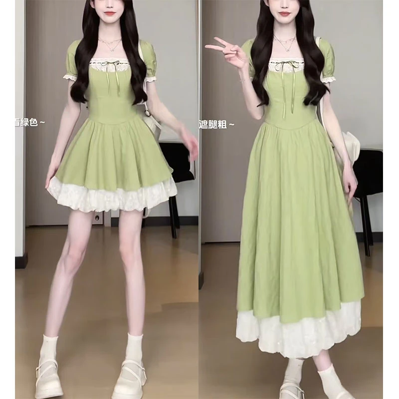 2025夏季大码女装新款时尚撞色方领双层裙摆显瘦A字长短款连衣裙