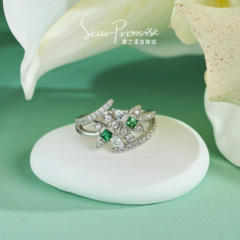 花瓣形沙弗莱戒指-S925银镶嵌高级感戒指S037