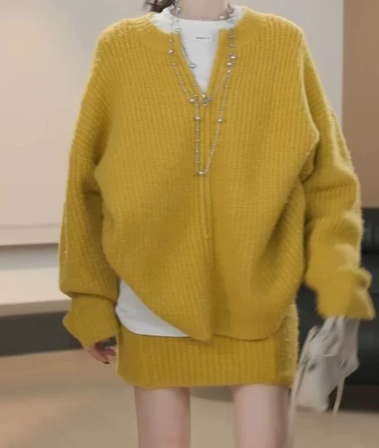 设计感秋冬显瘦针织衫毛衣开衫双口袋半裙套装女慵懒风软糯两件套