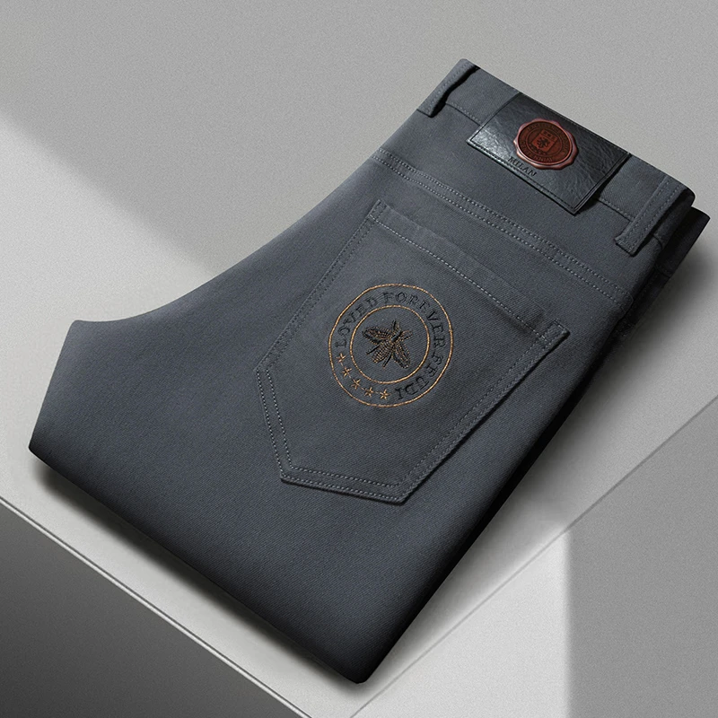 2025秋冬新款男士莱赛尔牛仔裤男款高端刺绣蜜蜂长裤轻奢休闲裤子