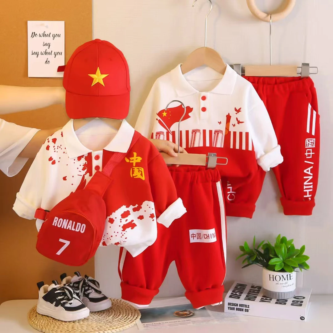 【沫沫家】男女宝春秋洋气国潮翻领休闲红色套装拼色儿童时尚帅气