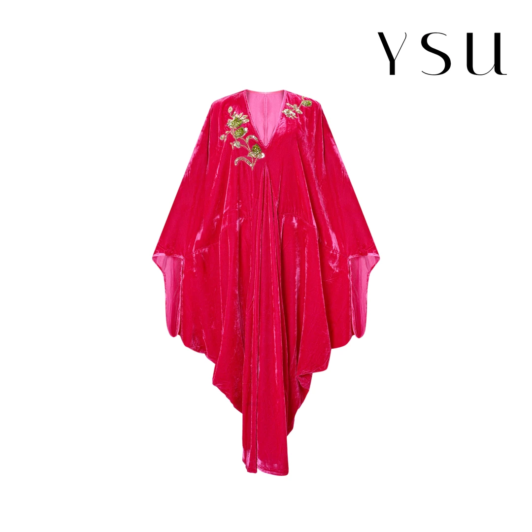 YSU【余书】新中式V领钉珠绣花慵懒风气质丝绒连衣裙Y303501