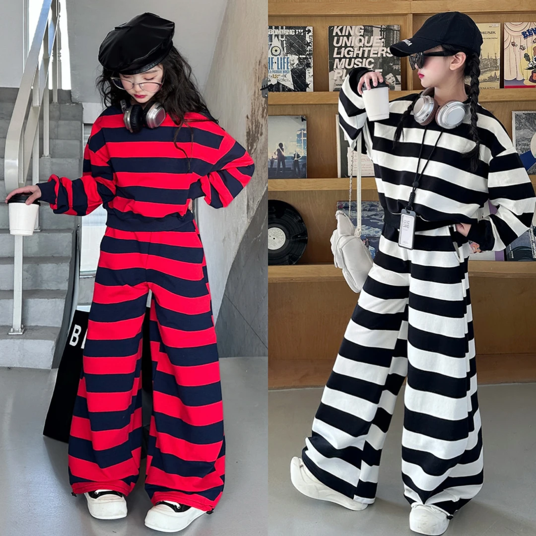 女童儿童条纹春款卫衣2024中大童时尚洋气宽松卫衣运动裤套装潮
