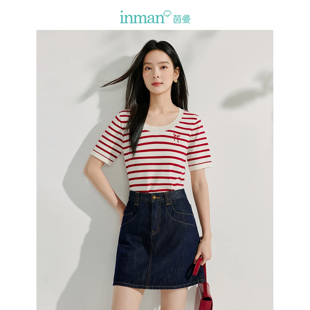 茵曼蝴蝶结刺绣条纹针织衫女2025年夏季新款通勤宽松短袖正肩上衣