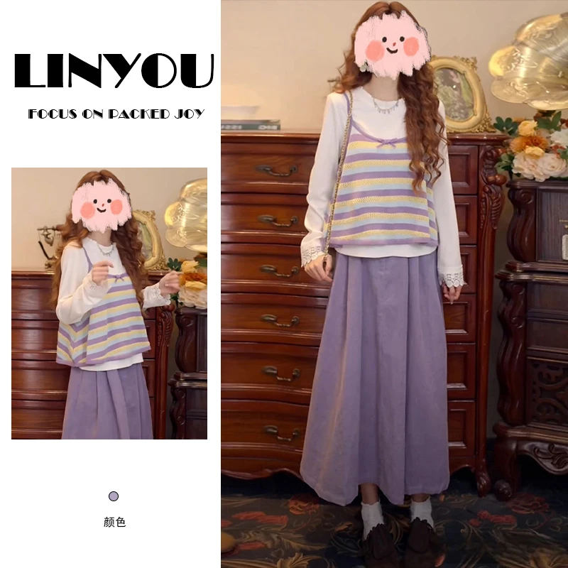 秋日ootd穿搭一整套2025新款温柔复古针织马甲+T恤+半身裙三件套