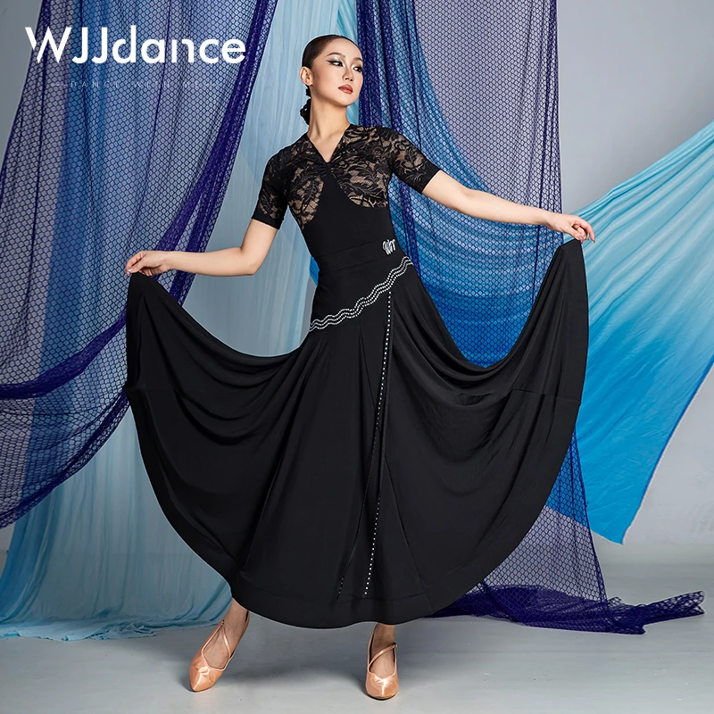 WJJdance摩登舞大摆鱼骨半身裙女2025新款贴钻立体花飘带国标长裙
