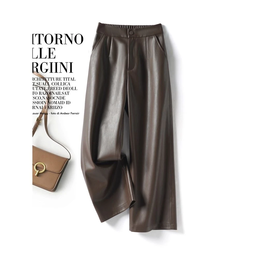 真皮九分裤女休闲长裤2025秋冬新款绵羊皮松紧腰显瘦直筒裤皮裤