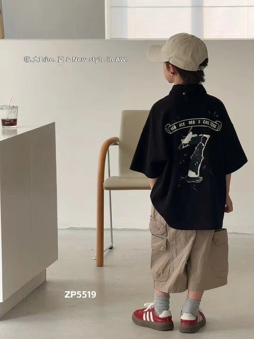 大E家 polo短袖休闲薄款数字男中大童韩版夏季休闲风复古百搭儿童