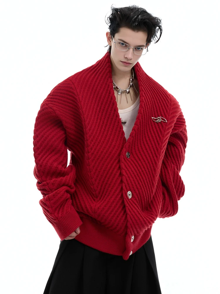 AR CulturE小众加厚金属纽扣V领廓形宽松毛衣男 慵懒针织开衫外套