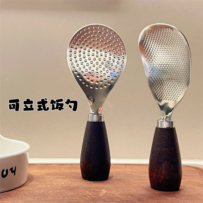 木柄不锈钢饭勺米饭铲子家用可立式木柄家用勺子盛饭电饭煲