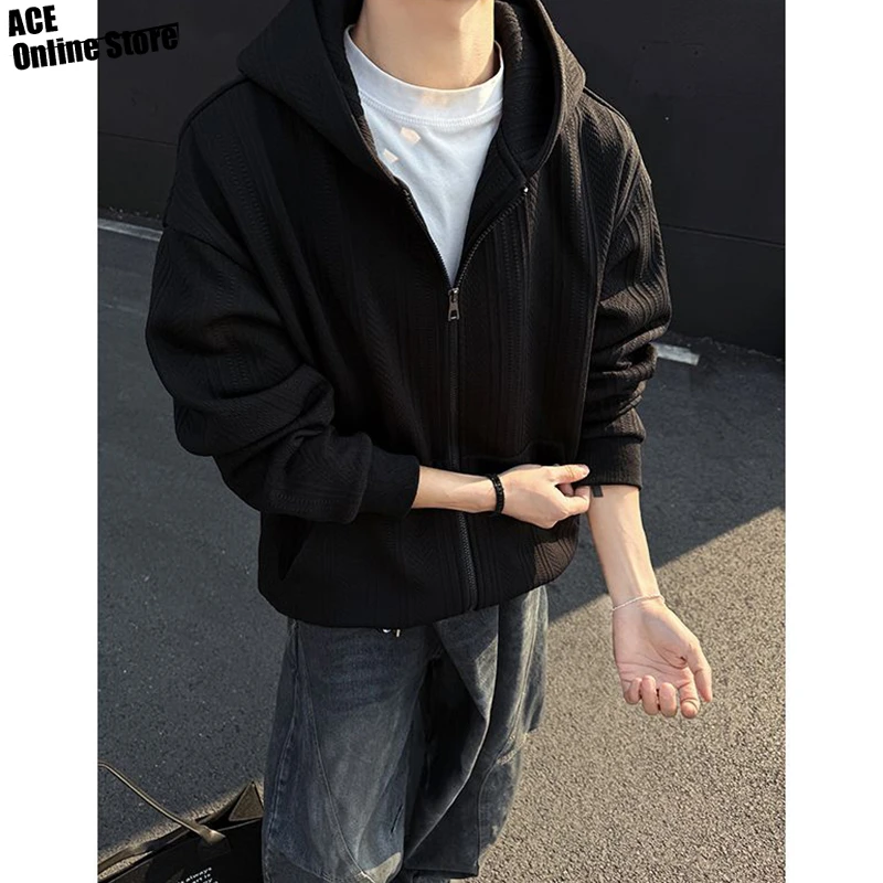 春季潮流麦穗纹连帽卫衣双拉链头设计潮牌痞帅宽松纯色外套男上衣