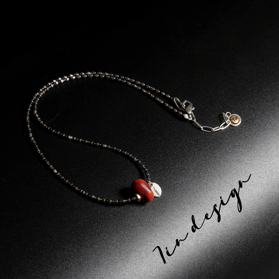 坠链均925银 7in4号店【棠梨】原创设计手作复古红色项链（38+5cm）