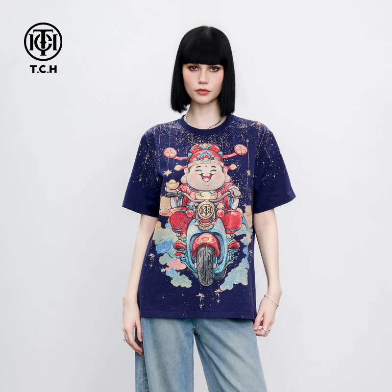 TCH 新年限定财神爷烫钻时尚休闲宽松圆领短袖T恤2025年春夏新款