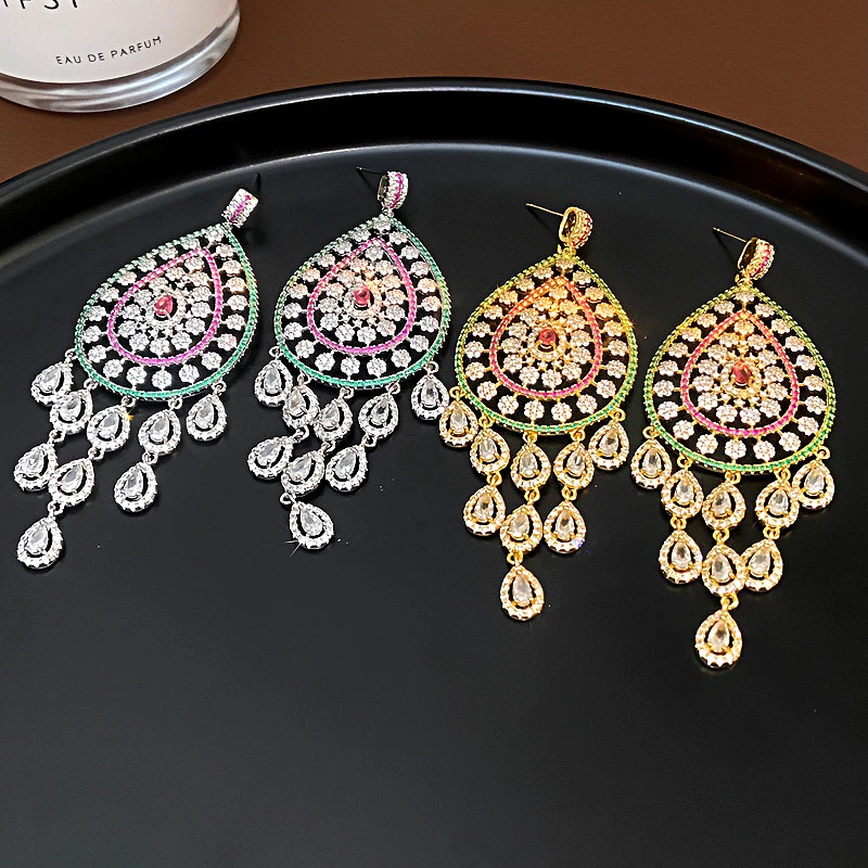 纯铜锆石耳饰 时尚耳饰微镶锆石夸张水滴花朵耳环个性优雅耳坠