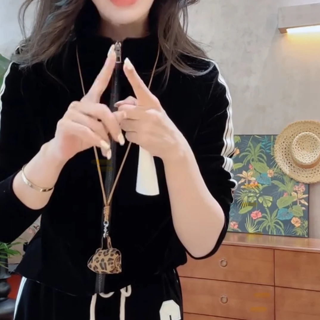 网红爆款金丝绒运动服套装女春季高级感炸街拉链卫衣阔腿裤两件套
