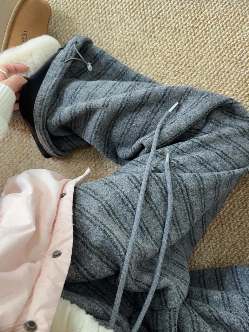 0229【冬季加绒】净版韩系直通条纹百搭加绒阔腿裤（6507）