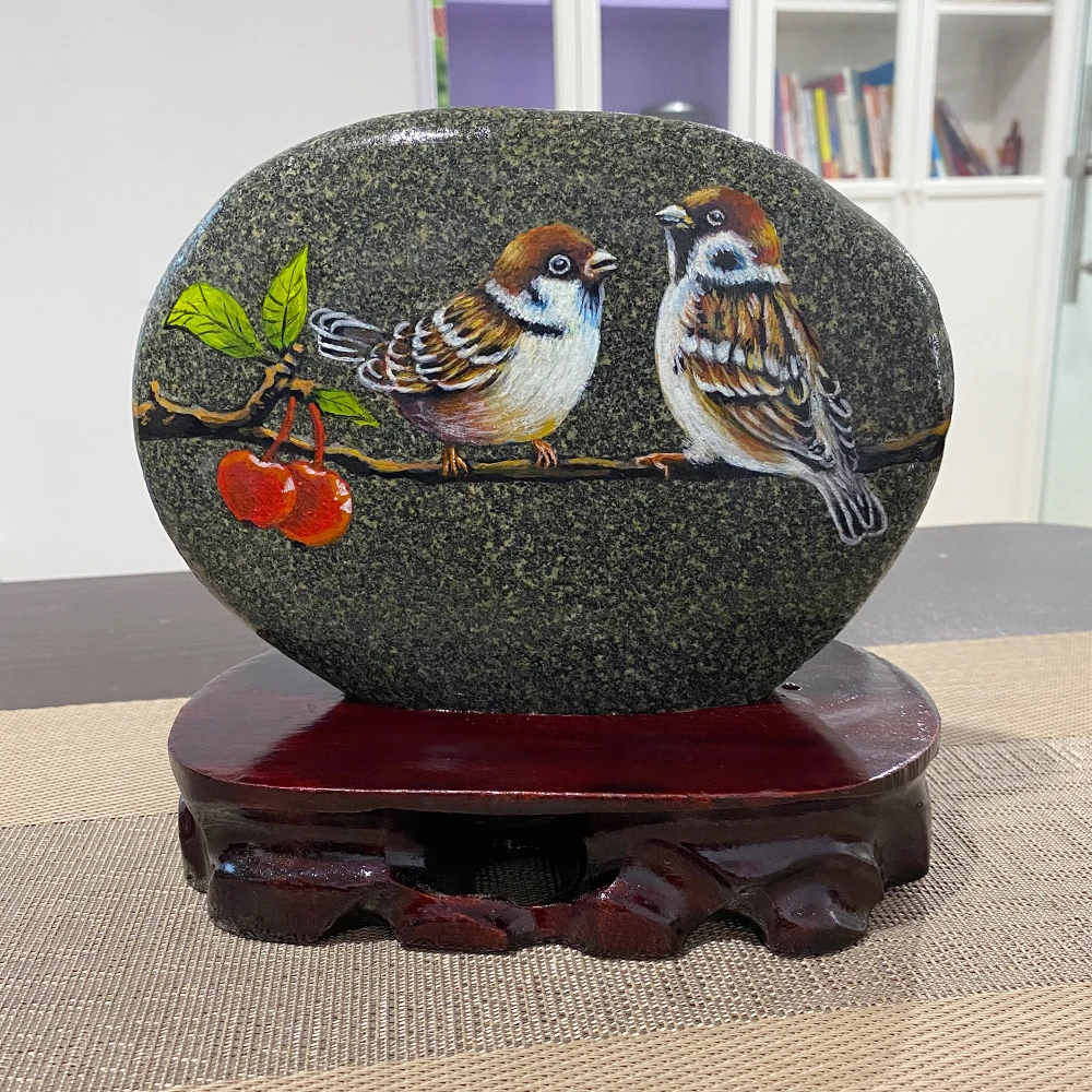 高端纯手工石头画麻雀工艺品中式玄关客厅家居装饰品摆件创意