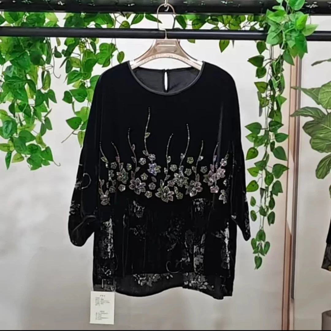 2531秋冬新款时尚烫钻收腰显瘦大码丝绒妈妈减龄上衣