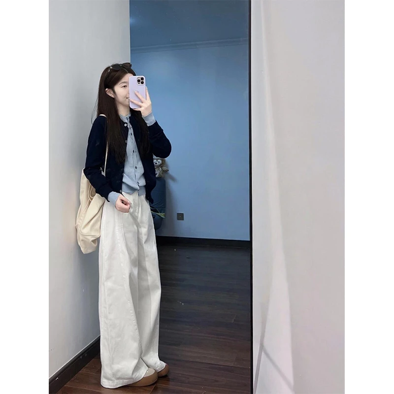 2025秋季时尚假两件针织长袖开衫上衣气质简约白色直筒牛仔裤套装
