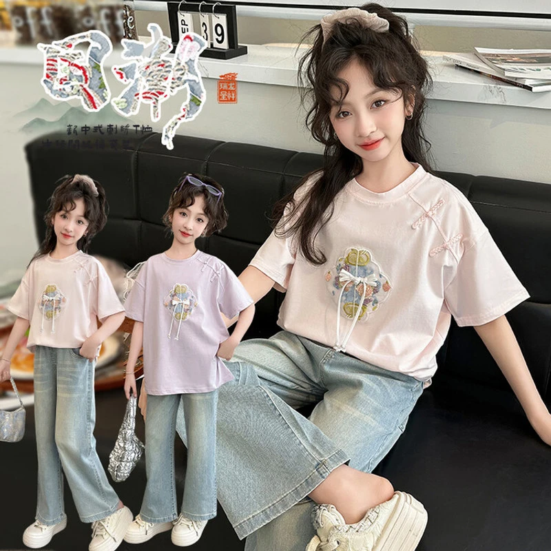 LCXFS【T恤】2024夏季新中式中国风女孩刺绣短袖T恤99043