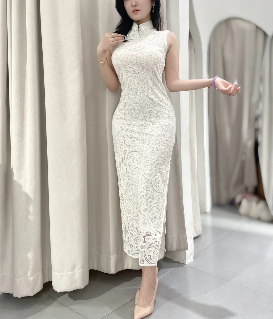 少女蕾丝镂空复古无袖旗袍气质立领新中式