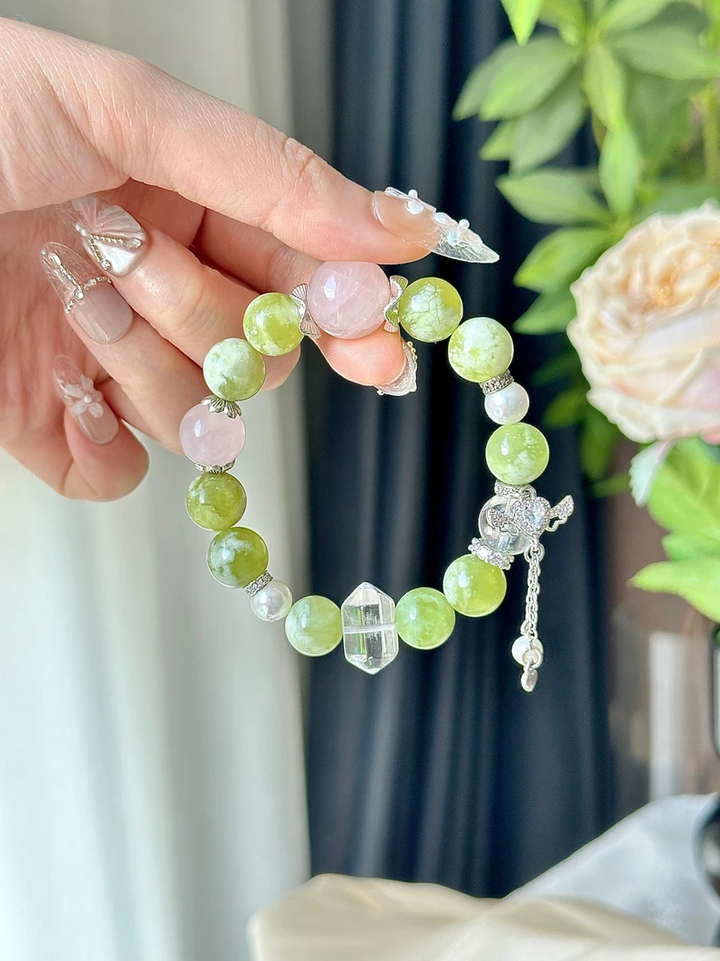 【粉岫清欢】10mm岫玉粉水晶原创设计款手链PD002