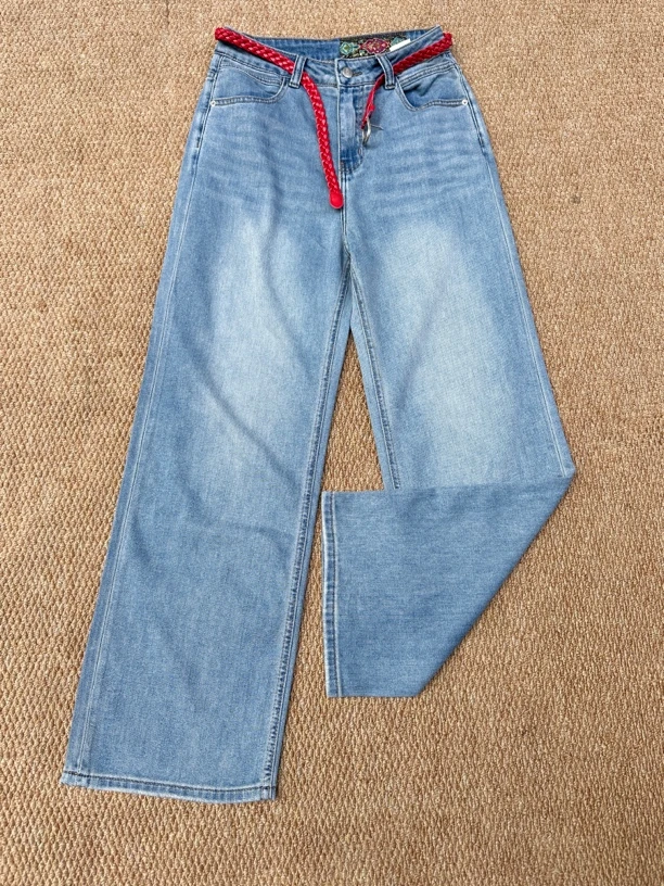 花夏季高腰宽松显瘦拖地裤直筒阔腿牛仔裤配腰带7171